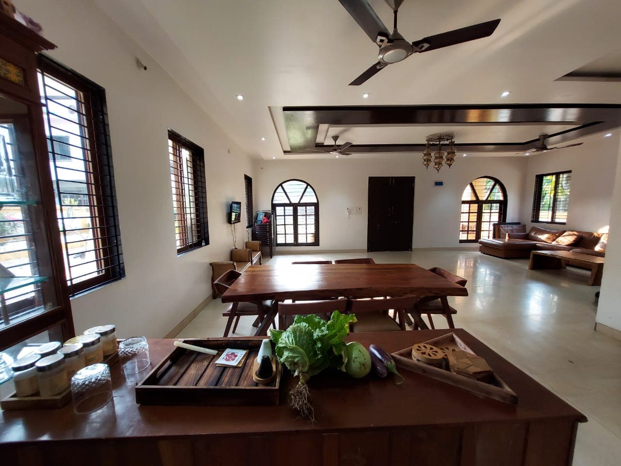 The dining and living hall, seen from the kitchen counter